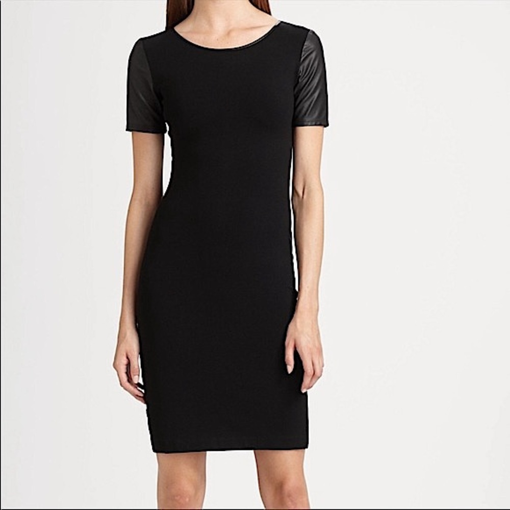 THEORY Leilana chic black dress with genuine leather sleeves/trim 10 like new